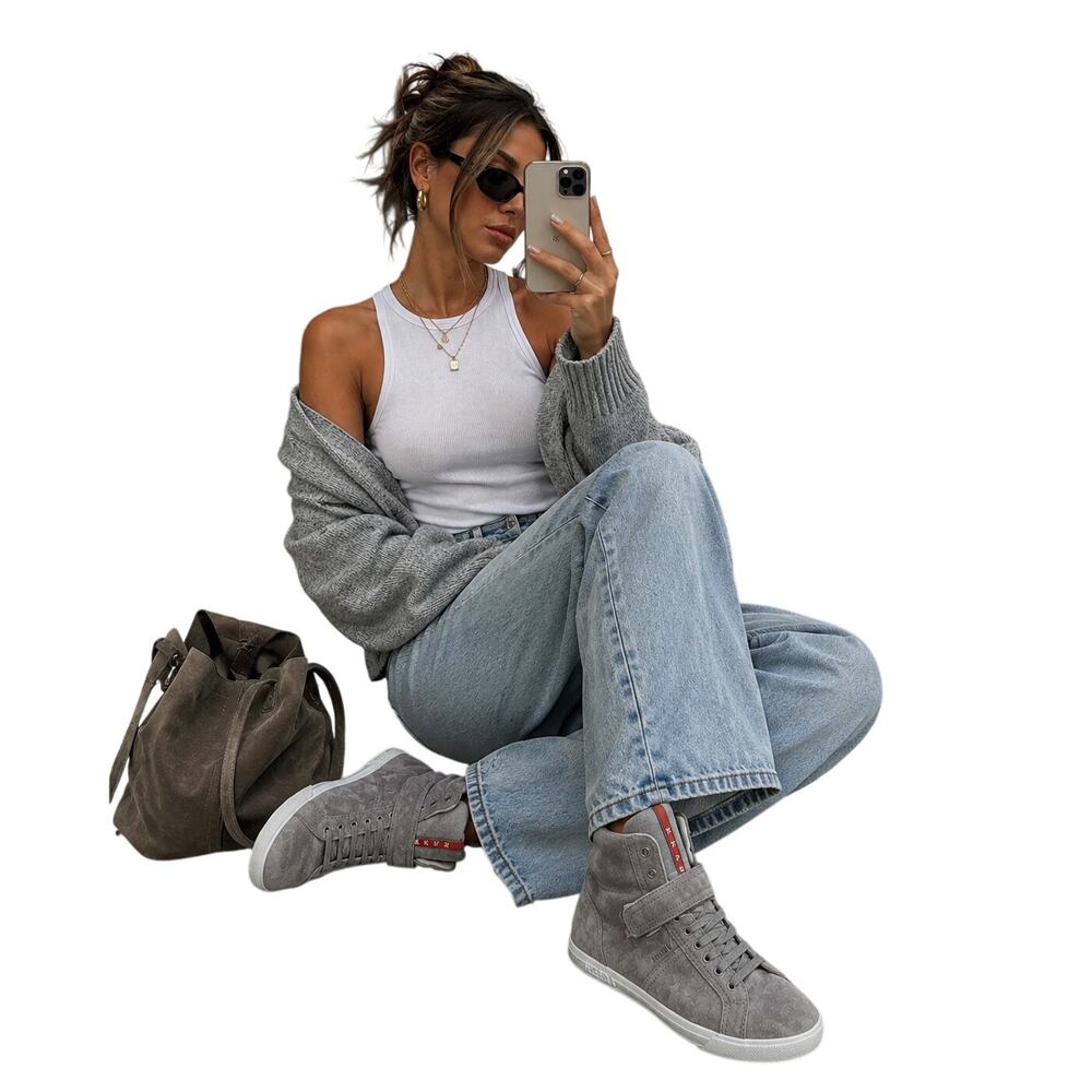 Prada Suede High Top Sneakers Gray Taupe Women's EU 38 US 7.5
